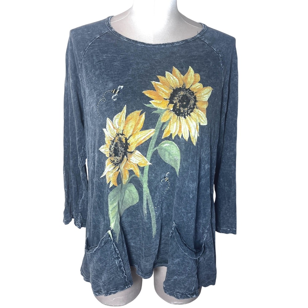Jess & Jane Sunflower Mineral Wash Tunic Top Grey 3/4 Sleeve Pockets M ART USA